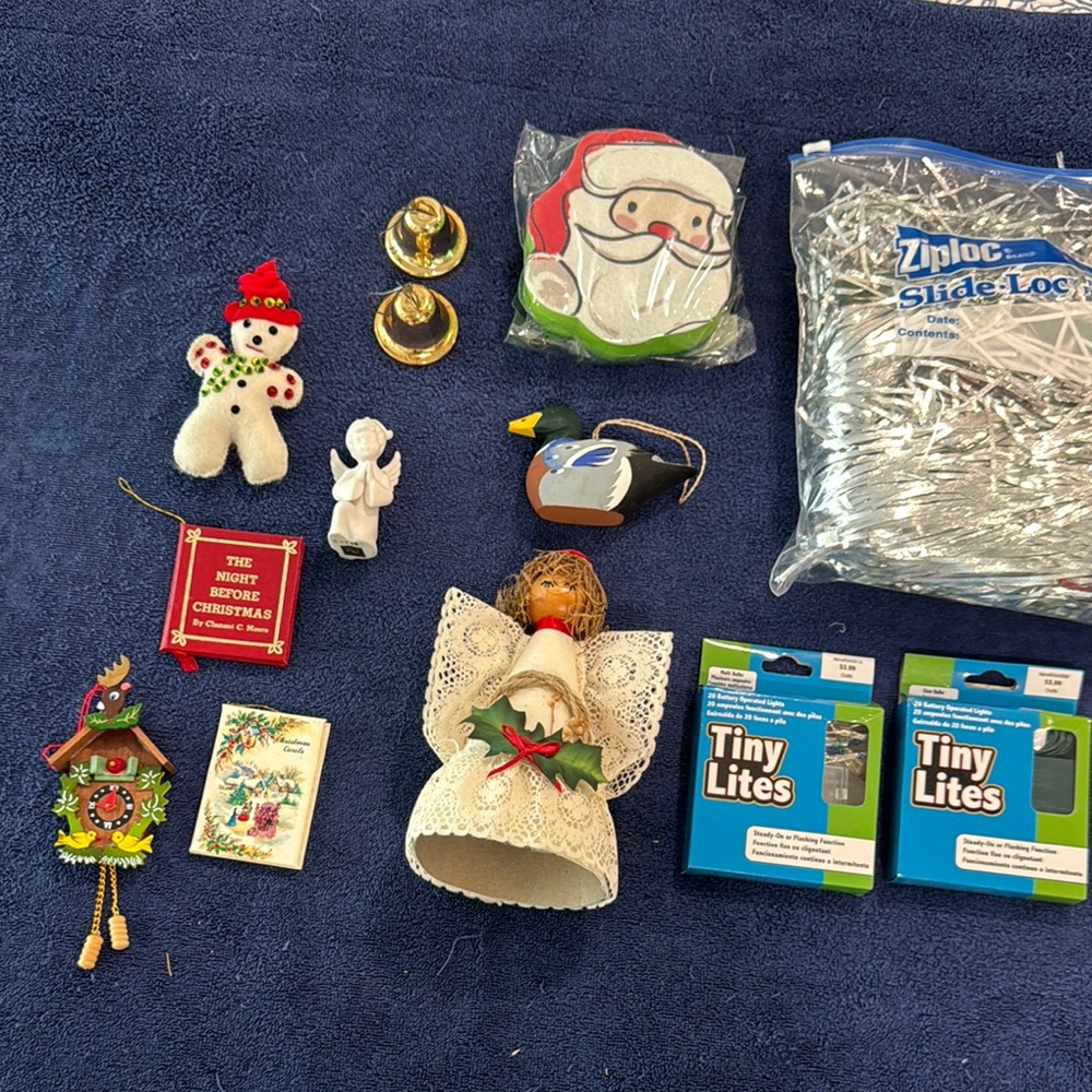 Christmas Ornaments, tree angel, mini lights, tinsel and misc
